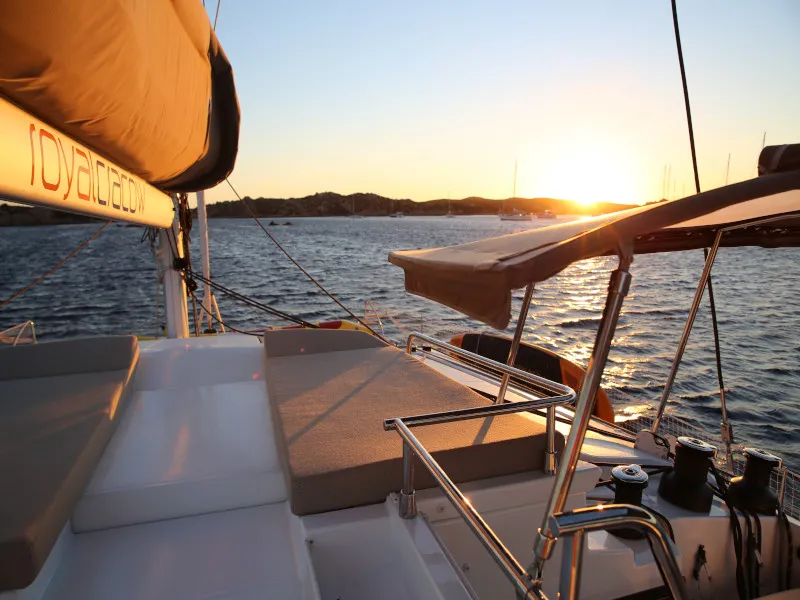 Deck of Royal Cracow, a Fountaine Pajot Saba 50 catamaran at Grad Trogir, Croatia