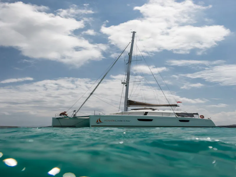 Exterior view of Royal Cracow, a Fountaine Pajot Saba 50 catamaran at Grad Trogir, Croatia
