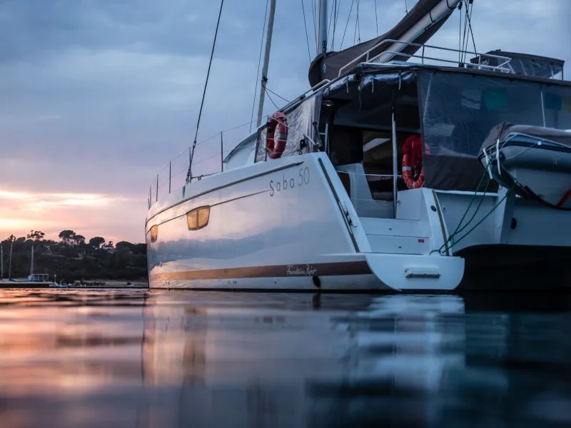 Exterior view of Royal Cracow, a Fountaine Pajot Saba 50 catamaran at Grad Trogir, Croatia