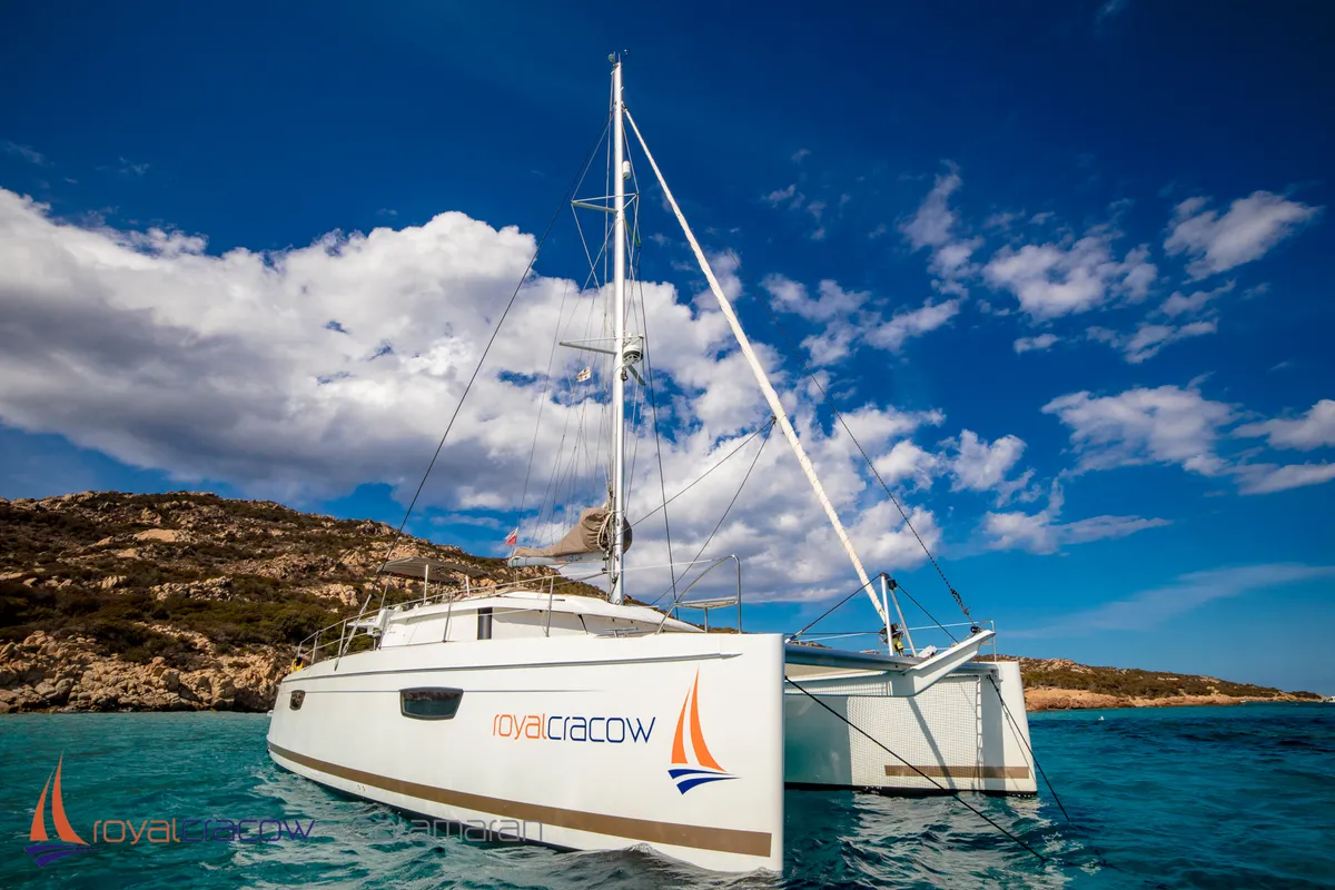 Exterior view of Royal Cracow, a Fountaine Pajot Saba 50 catamaran at Grad Trogir, Croatia