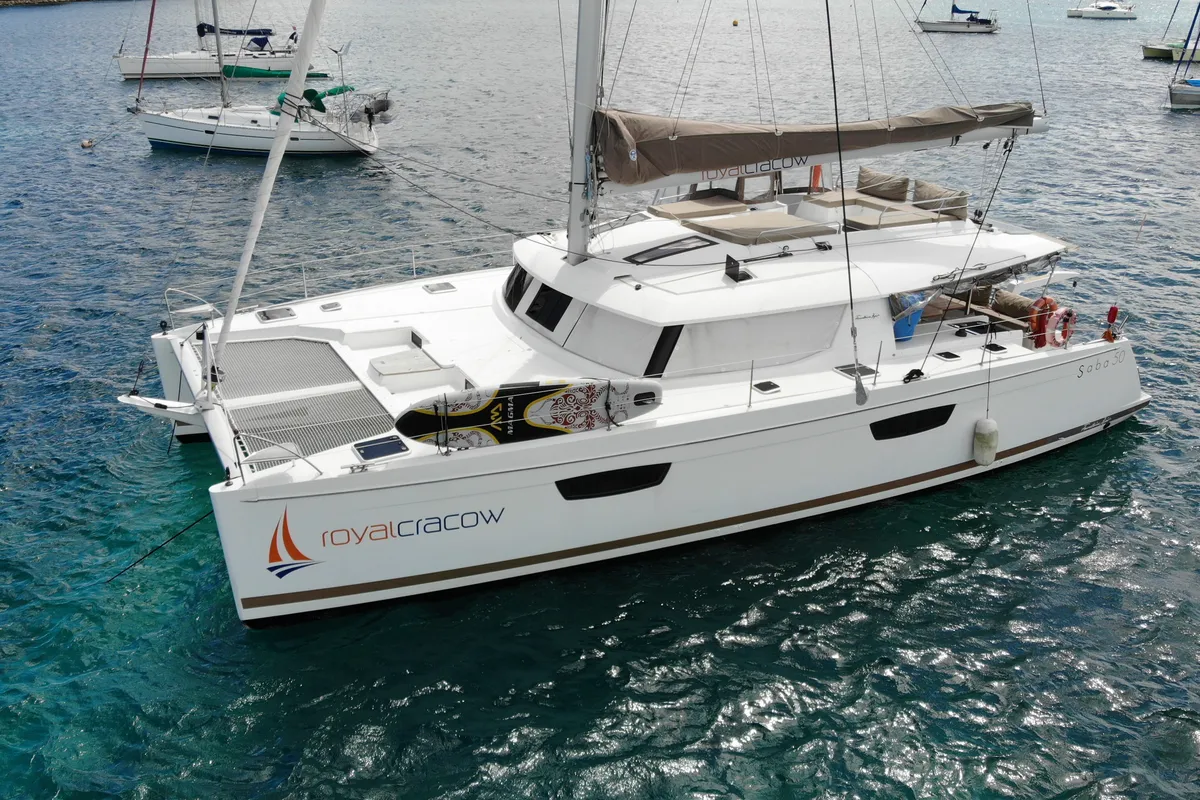 Exterior view of Royal Cracow, a Fountaine Pajot Saba 50 catamaran at Grad Trogir, Croatia