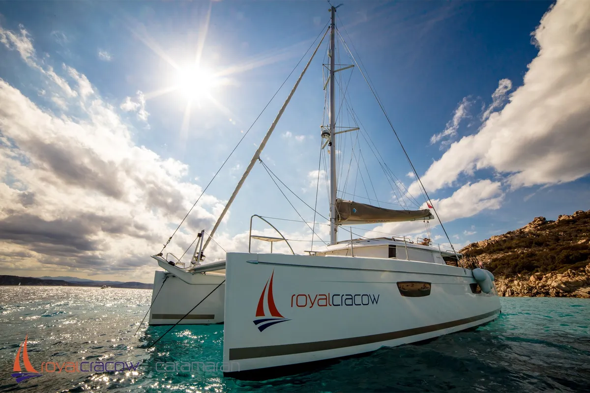 Exterior view of Royal Cracow, a Fountaine Pajot Saba 50 catamaran at Grad Trogir, Croatia