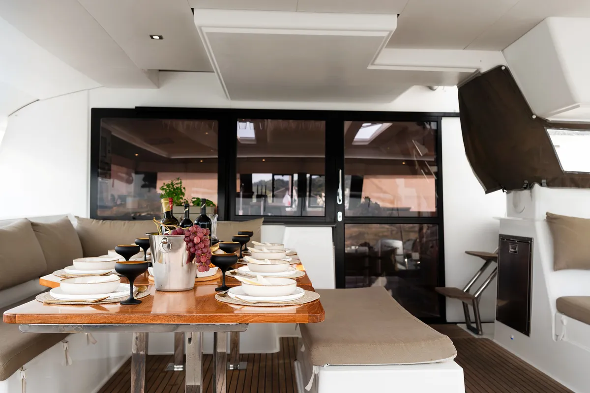 Deck of Royal Cracow, a Fountaine Pajot Saba 50 catamaran at Grad Trogir, Croatia