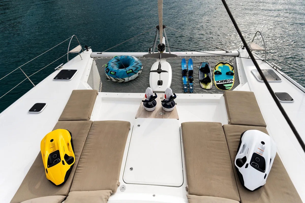 Deck of Royal Cracow, a Fountaine Pajot Saba 50 catamaran at Grad Trogir, Croatia
