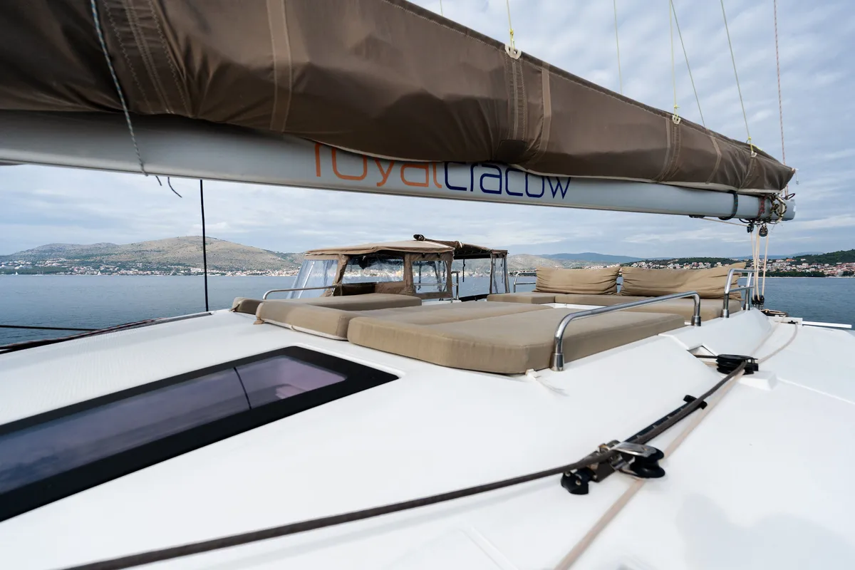 Deck of Royal Cracow, a Fountaine Pajot Saba 50 catamaran at Grad Trogir, Croatia