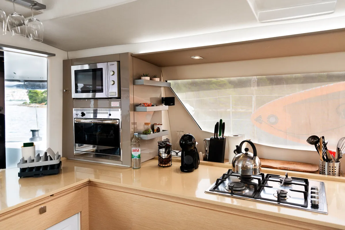 Galley of Royal Cracow, a Fountaine Pajot Saba 50 catamaran at Grad Trogir, Croatia