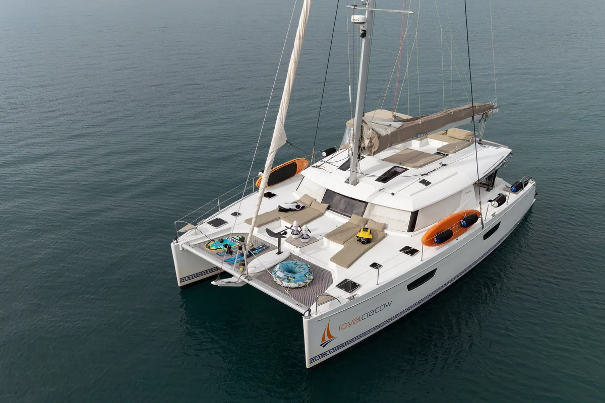 Exterior view of Royal Cracow, a Fountaine Pajot Saba 50 catamaran at Grad Trogir, Croatia