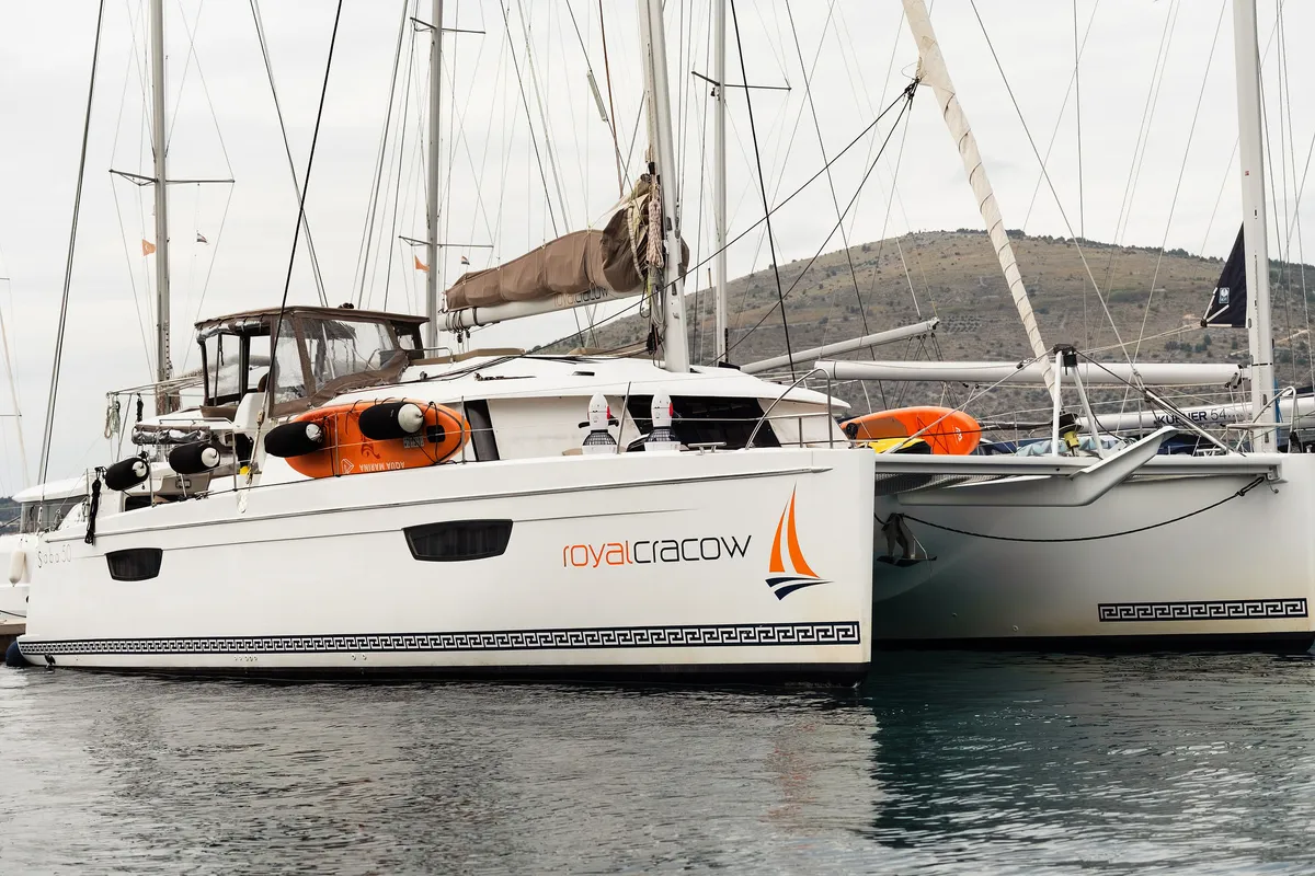 Exterior view of Royal Cracow, a Fountaine Pajot Saba 50 catamaran at Grad Trogir, Croatia
