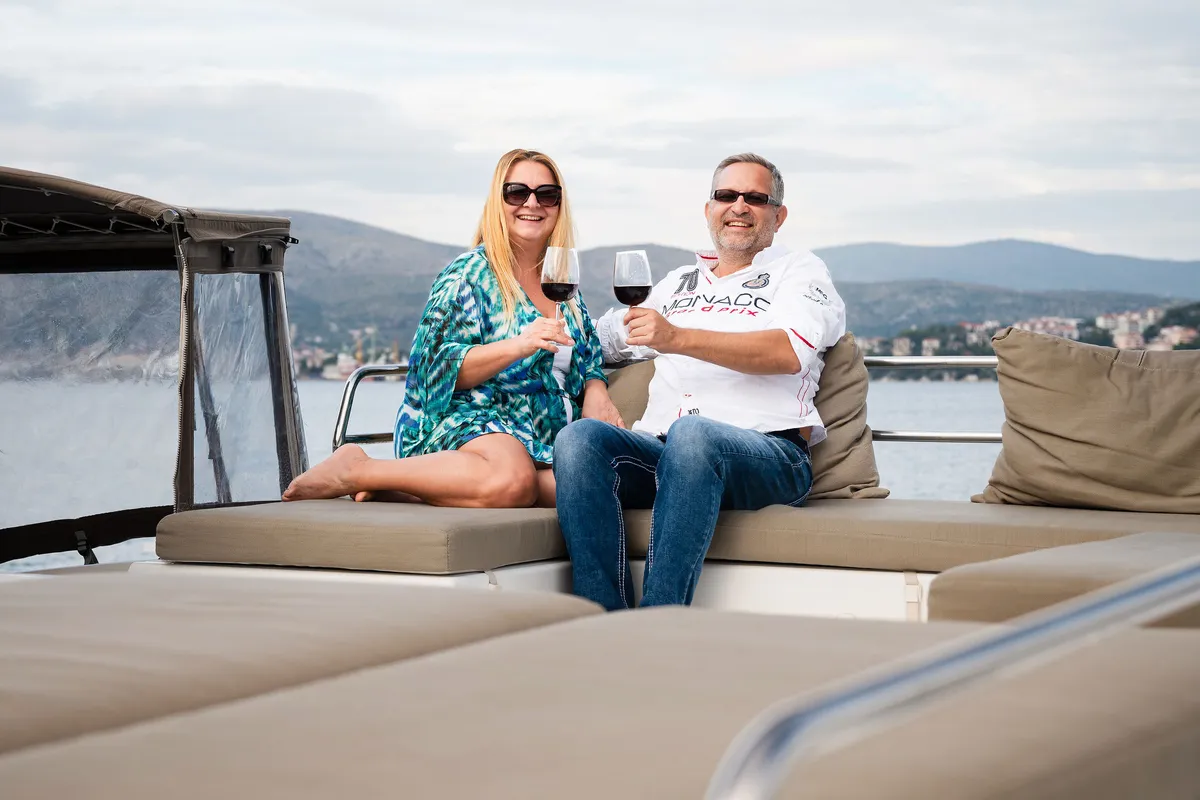 Deck of Royal Cracow, a Fountaine Pajot Saba 50 catamaran at Grad Trogir, Croatia