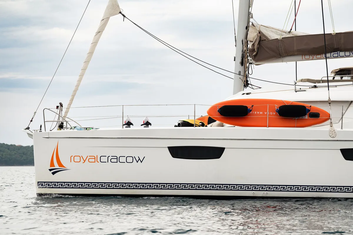 Exterior view of Royal Cracow, a Fountaine Pajot Saba 50 catamaran at Grad Trogir, Croatia