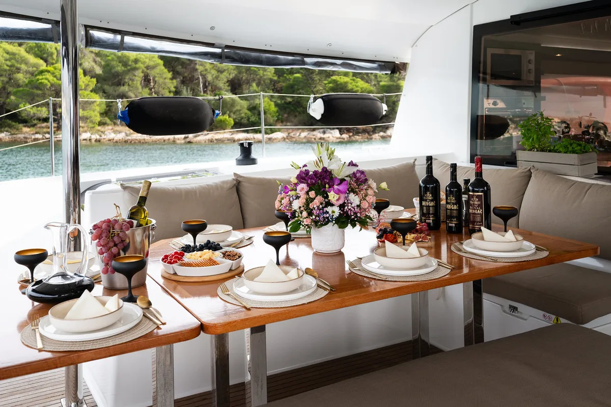 Deck of Royal Cracow, a Fountaine Pajot Saba 50 catamaran at Grad Trogir, Croatia