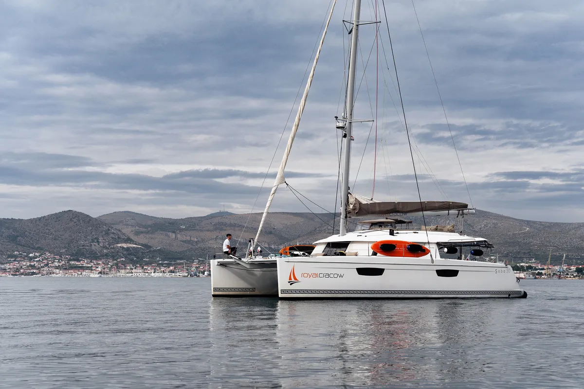 Exterior view of Royal Cracow, a Fountaine Pajot Saba 50 catamaran at Grad Trogir, Croatia