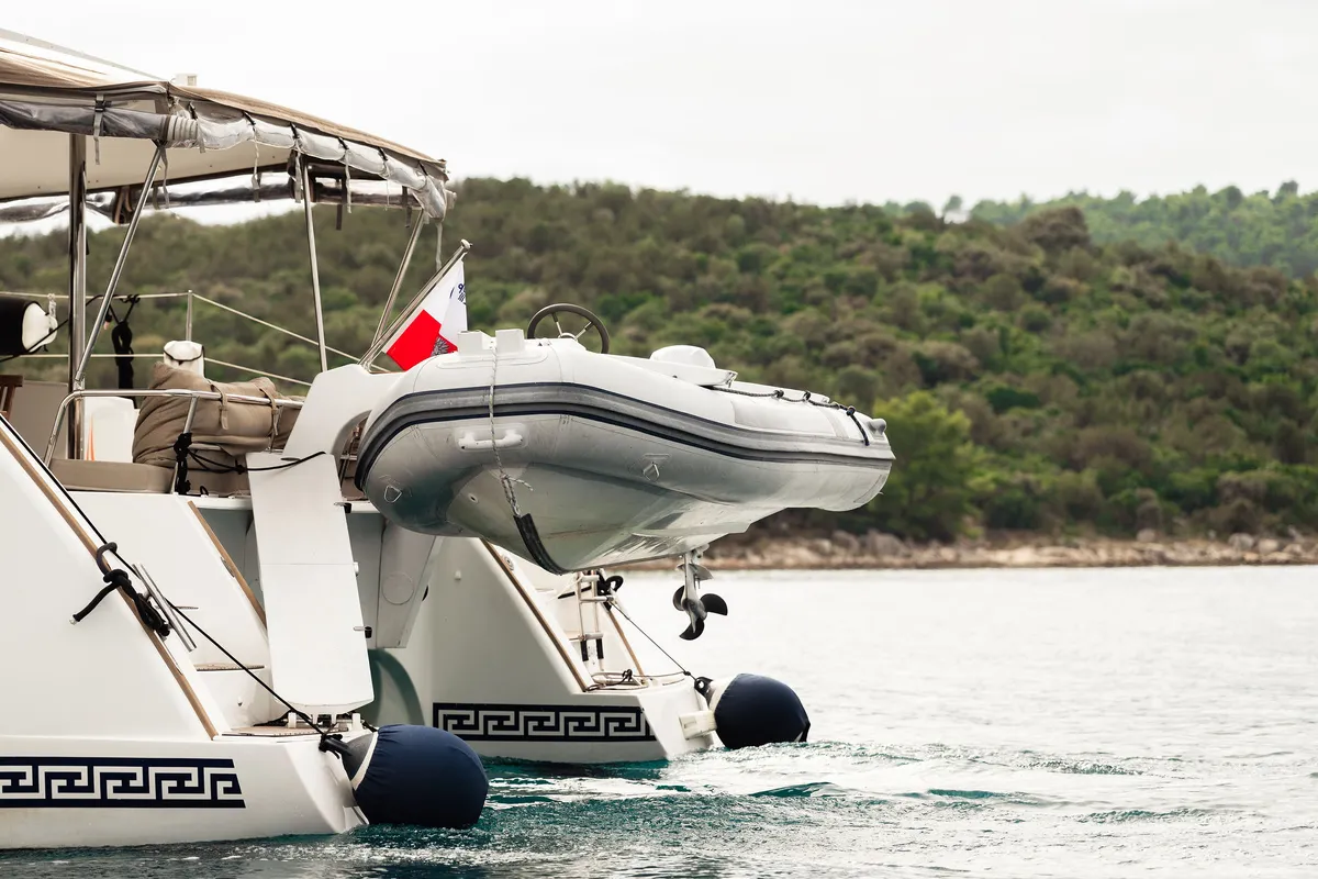 Exterior view of Royal Cracow, a Fountaine Pajot Saba 50 catamaran at Grad Trogir, Croatia