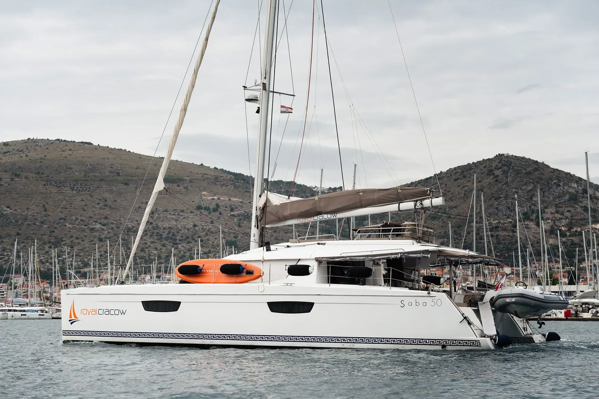 Exterior view of Royal Cracow, a Fountaine Pajot Saba 50 catamaran at Grad Trogir, Croatia