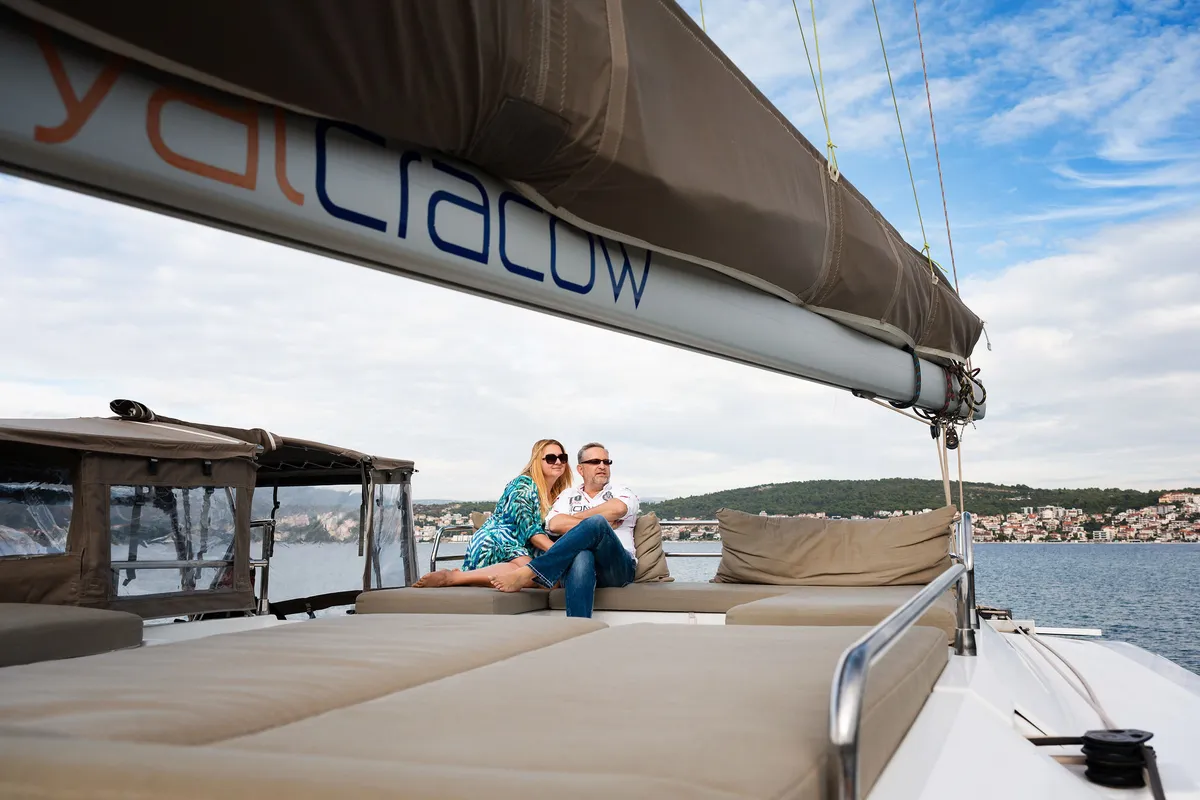 Deck of Royal Cracow, a Fountaine Pajot Saba 50 catamaran at Grad Trogir, Croatia