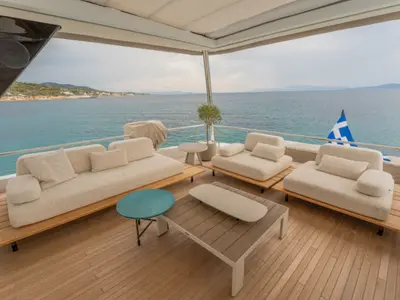 Deck of Valium 67, a Lagoon Sixty 7 catamaran at Municipal Unit of Nea Peramos, Greece