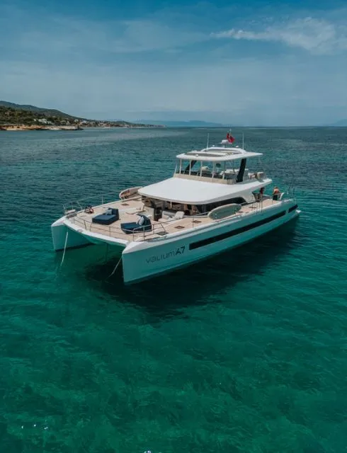 Exterior view of Valium 67, a Lagoon Sixty 7 catamaran at Municipal Unit of Nea Peramos, Greece