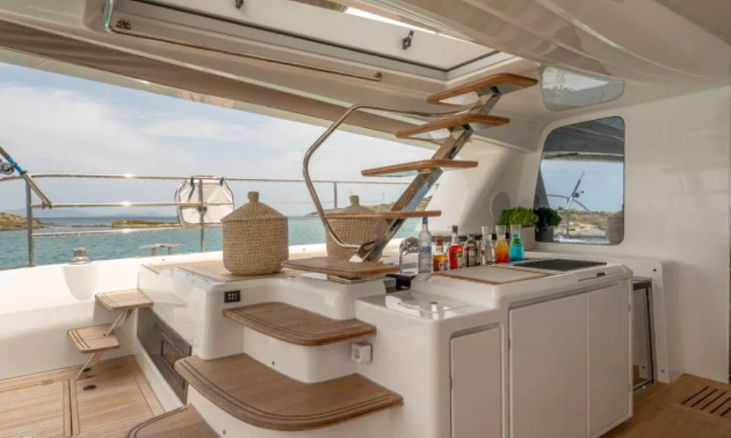 Deck of Valium 67, a Lagoon Sixty 7 catamaran at Municipal Unit of Nea Peramos, Greece