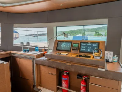 Cockpit of Valium 67, a Lagoon Sixty 7 catamaran at Municipal Unit of Nea Peramos, Greece