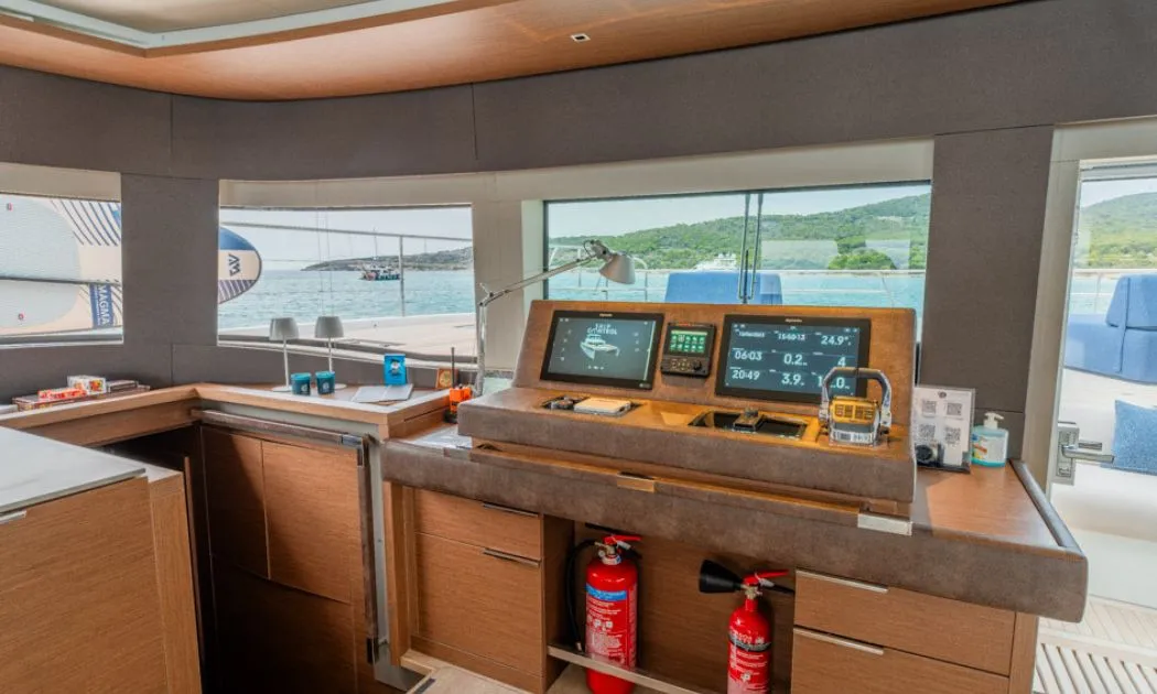 Cockpit of Valium 67, a Lagoon Sixty 7 catamaran at Municipal Unit of Nea Peramos, Greece