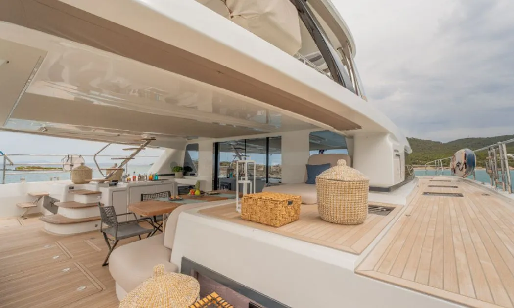 Deck of Valium 67, a Lagoon Sixty 7 catamaran at Municipal Unit of Nea Peramos, Greece