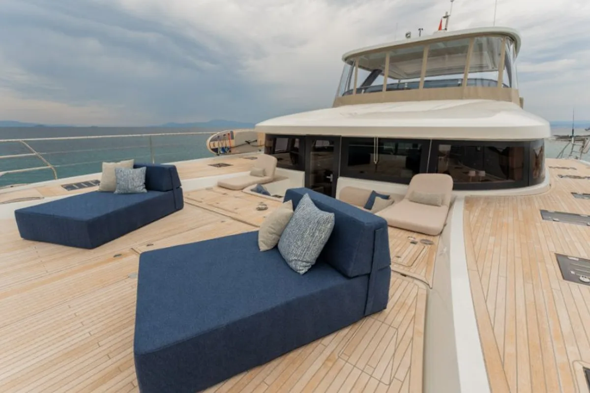 Deck of Valium 67, a Lagoon Sixty 7 catamaran at Municipal Unit of Nea Peramos, Greece