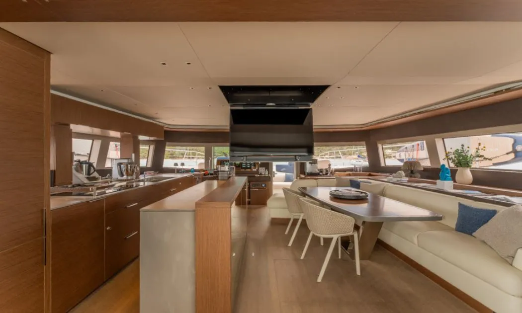 Salon of Valium 67, a Lagoon Sixty 7 catamaran at Municipal Unit of Nea Peramos, Greece