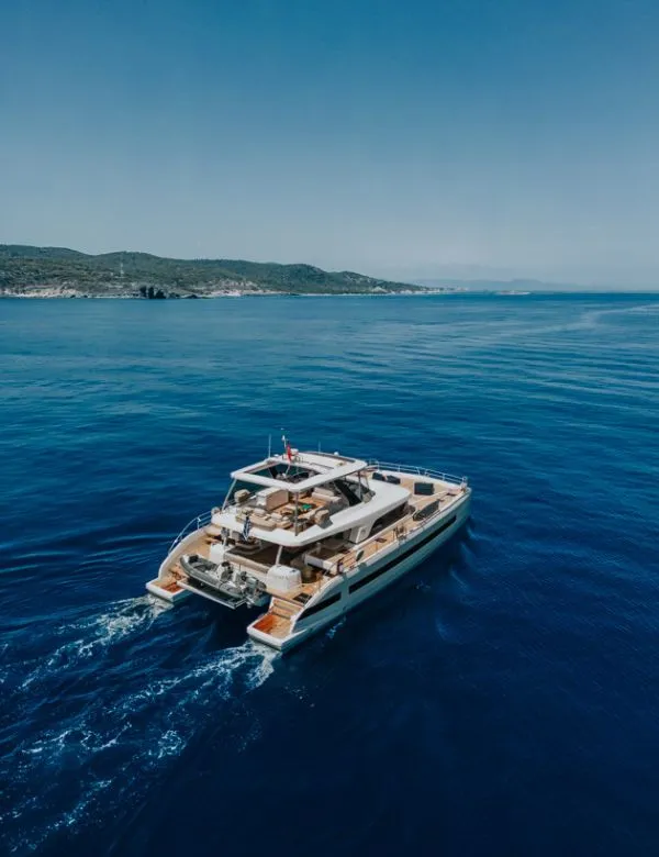 Exterior view of Valium 67, a Lagoon Sixty 7 catamaran at Municipal Unit of Nea Peramos, Greece