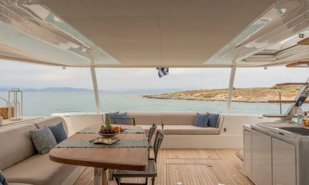 Deck of Valium 67, a Lagoon Sixty 7 catamaran at Municipal Unit of Nea Peramos, Greece