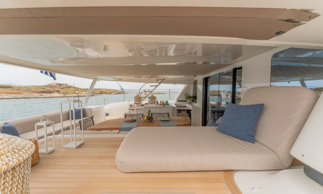 Deck of Valium 67, a Lagoon Sixty 7 catamaran at Municipal Unit of Nea Peramos, Greece