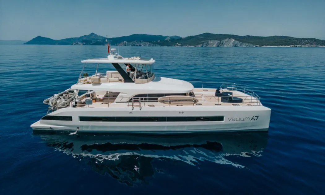 Exterior view of Valium 67, a Lagoon Sixty 7 catamaran at Municipal Unit of Nea Peramos, Greece