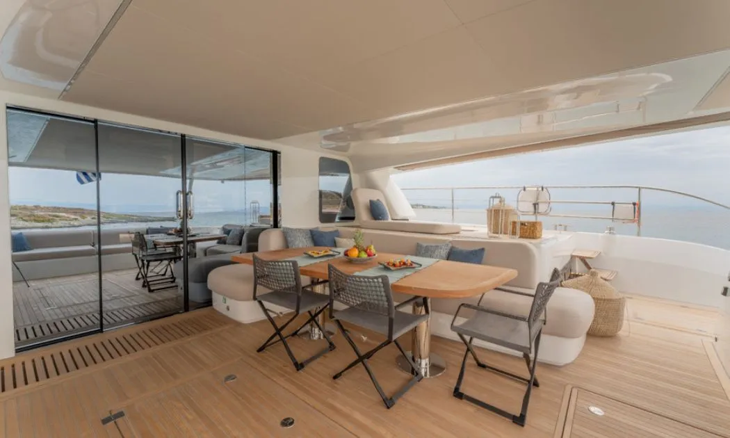 Deck of Valium 67, a Lagoon Sixty 7 catamaran at Municipal Unit of Nea Peramos, Greece