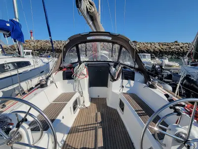 Cockpit of Corail, a Jeanneau Sun Odyssey 379 sailboat at Saint-Cast-le-Guildo, France