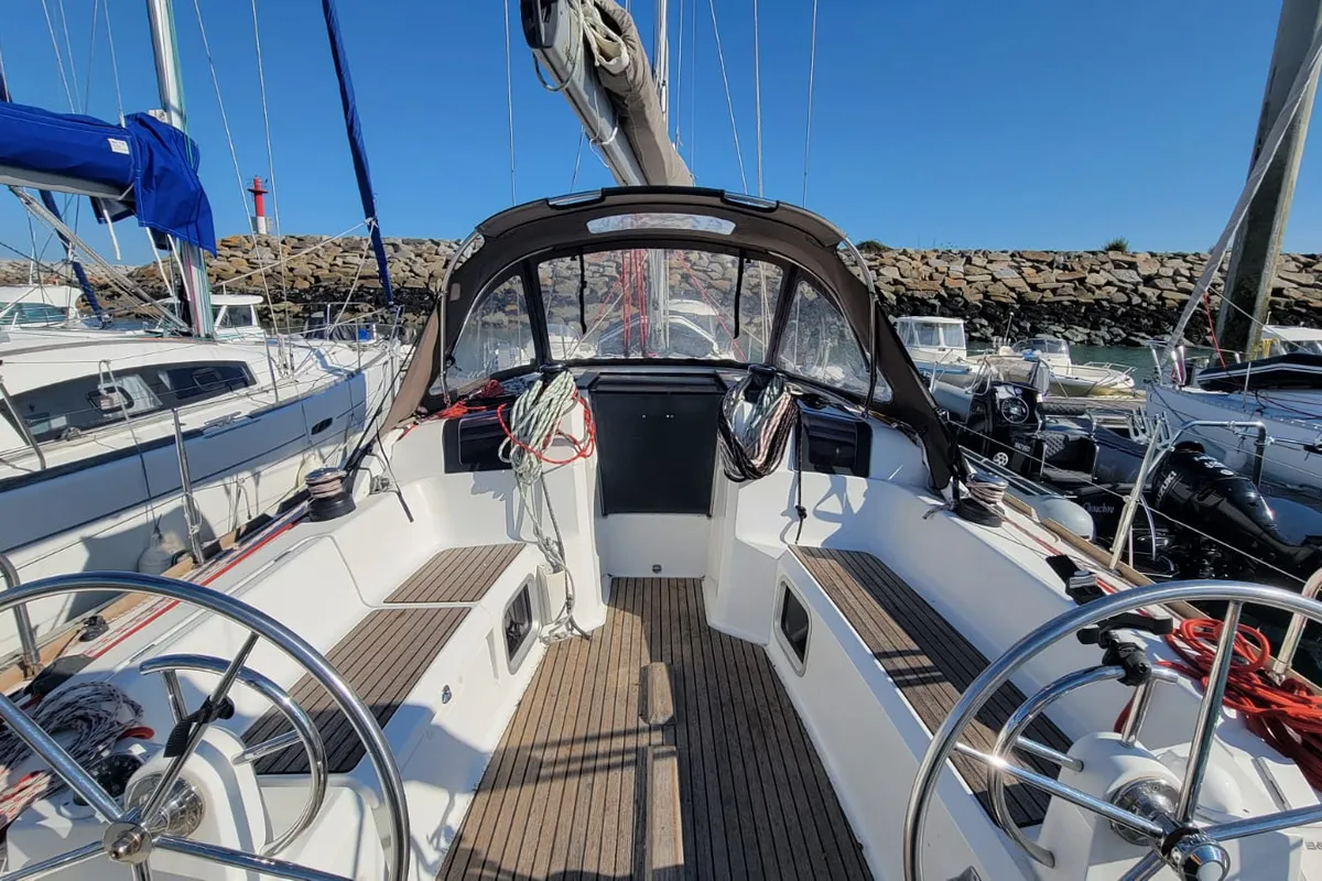 Cockpit of Corail, a Jeanneau Sun Odyssey 379 sailboat at Saint-Cast-le-Guildo, France