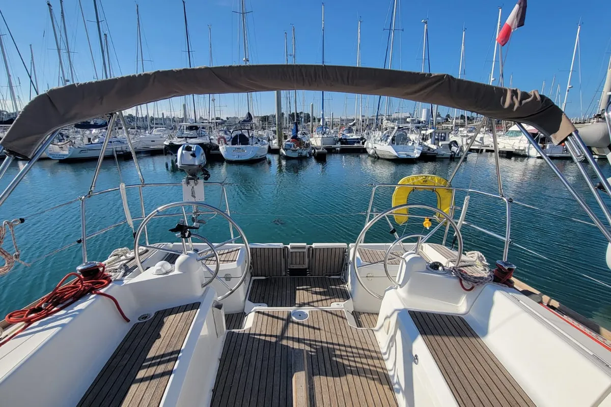 Cockpit of Corail, a Jeanneau Sun Odyssey 379 sailboat at Saint-Cast-le-Guildo, France