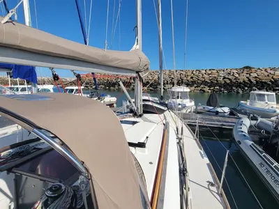 Deck of Corail, a Jeanneau Sun Odyssey 379 sailboat at Saint-Cast-le-Guildo, France