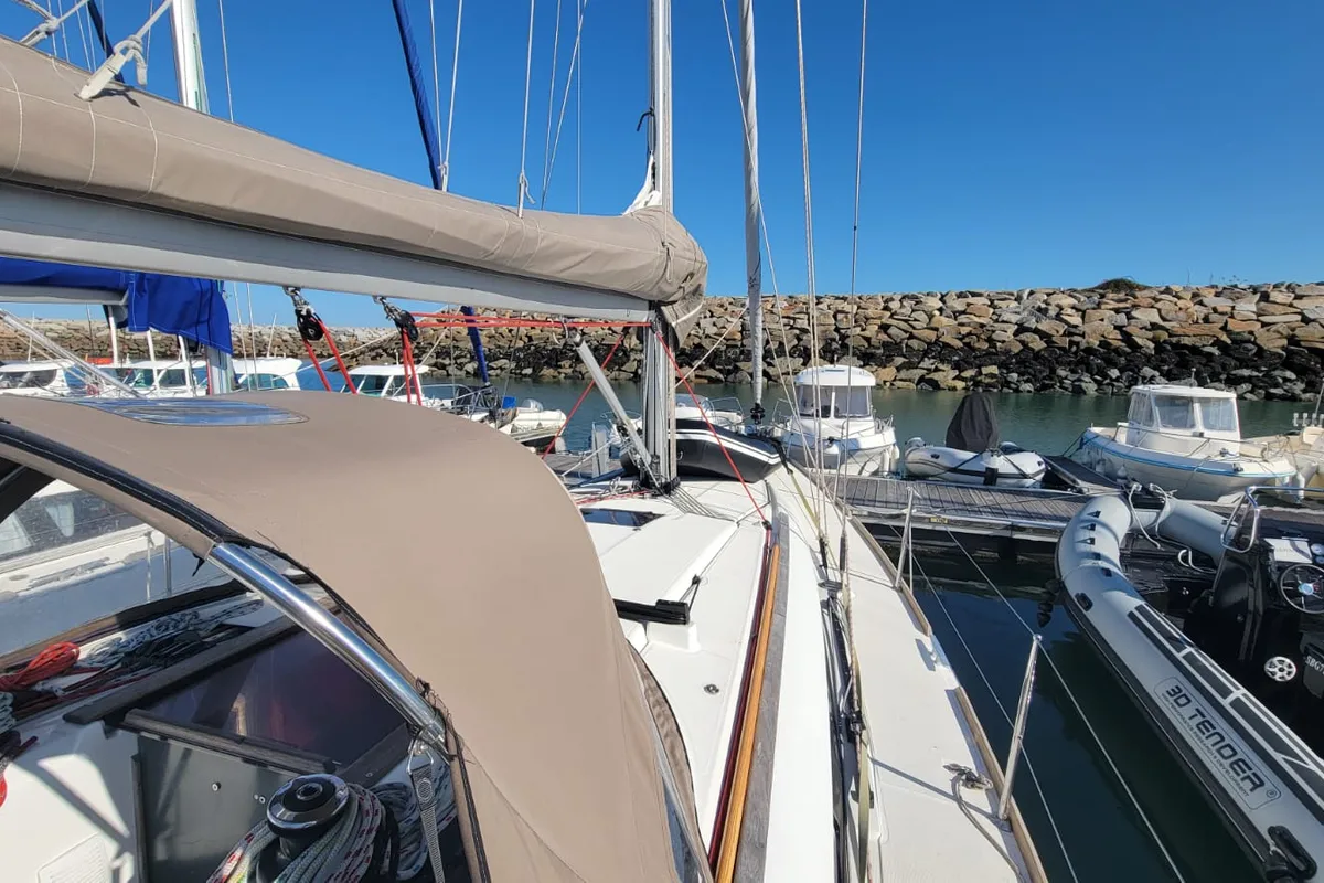 Deck of Corail, a Jeanneau Sun Odyssey 379 sailboat at Saint-Cast-le-Guildo, France
