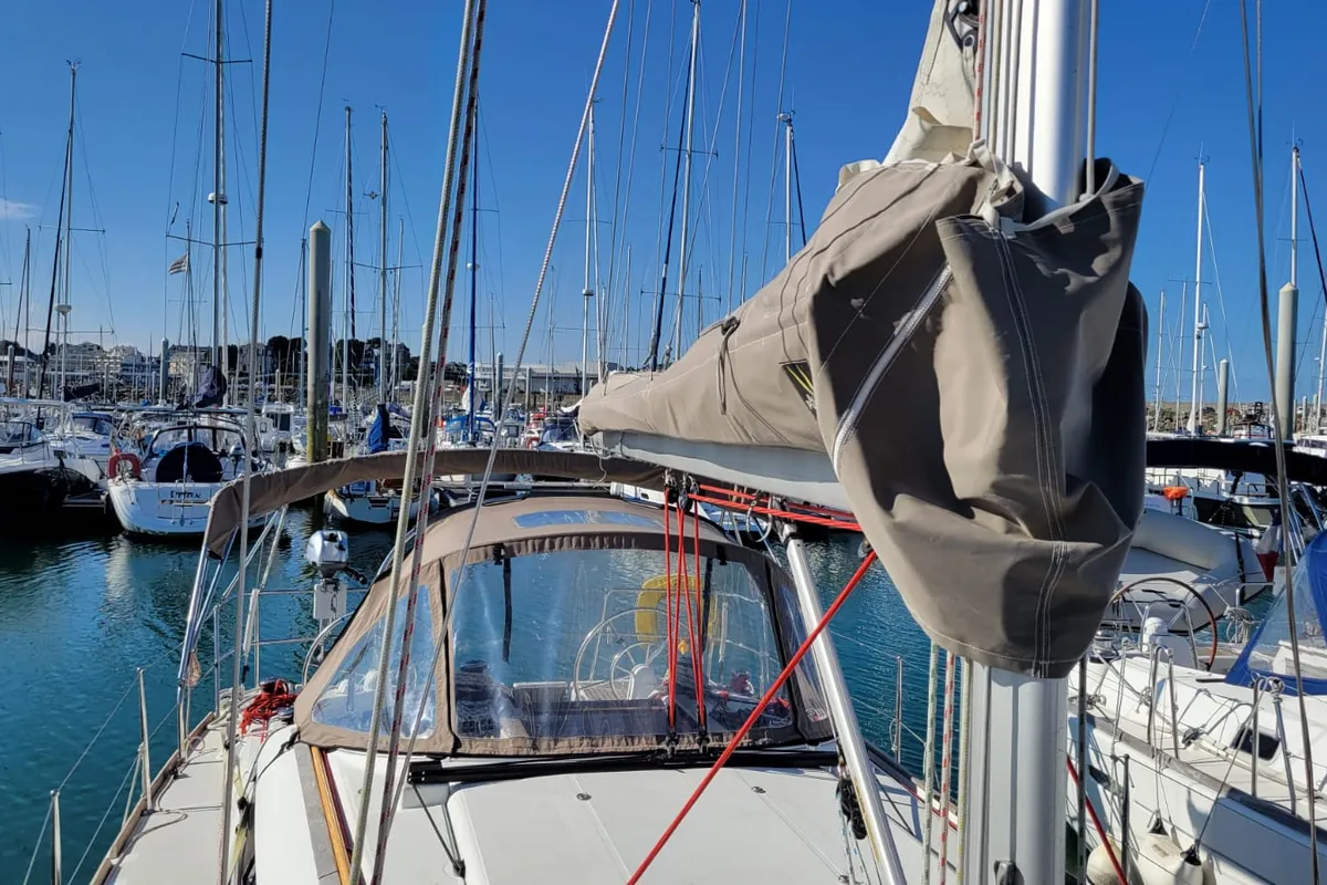 Deck of Corail, a Jeanneau Sun Odyssey 379 sailboat at Saint-Cast-le-Guildo, France