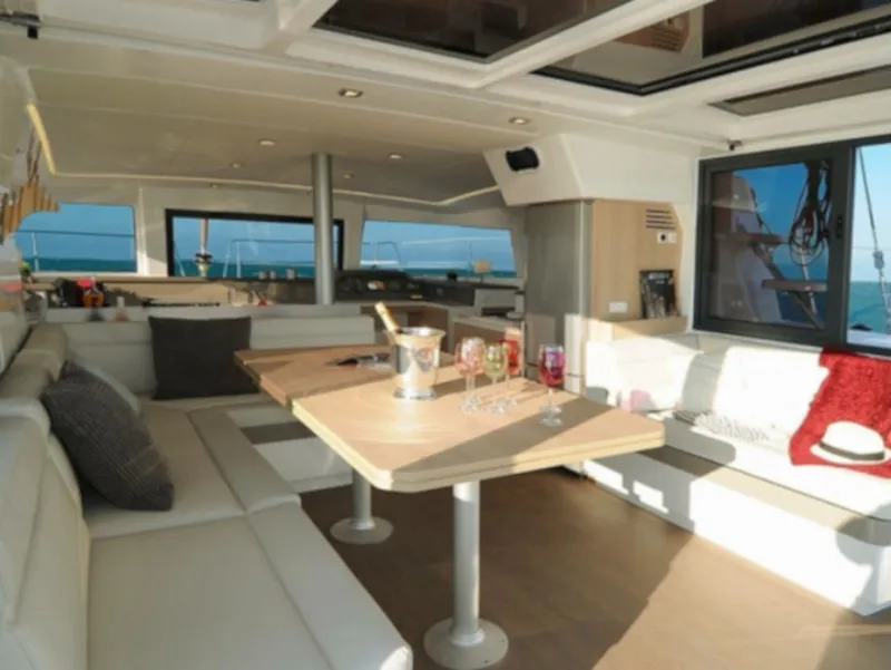 Salon of Viewfinder, a Bali 4.1 catamaran at Ribishi, Saint Vincent and the Grenadines