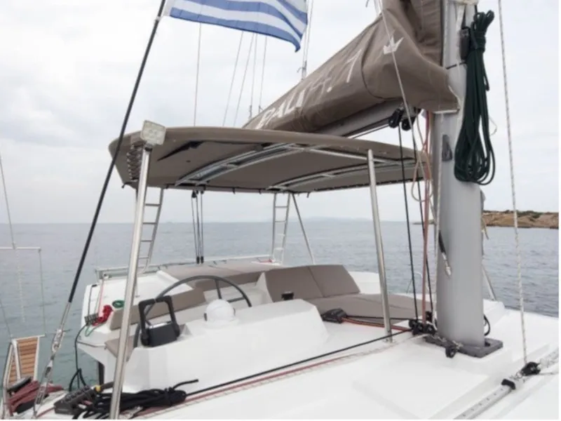Cockpit of Viewfinder, a Bali 4.1 catamaran at Ribishi, Saint Vincent and the Grenadines