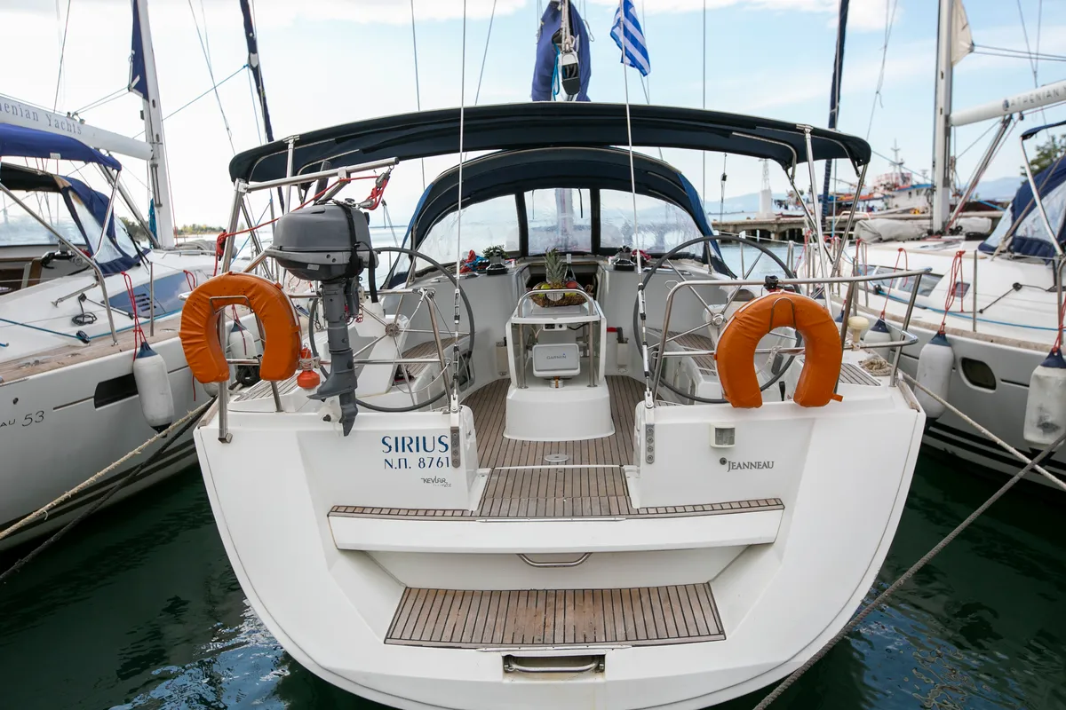 Exterior view of Sirius, a Jeanneau Sun Odyssey 49 sailboat at Keramoti, Greece