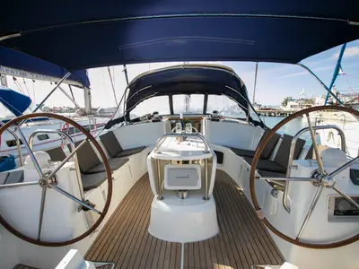 Cockpit of Sirius, a Jeanneau Sun Odyssey 49 sailboat at Keramoti, Greece