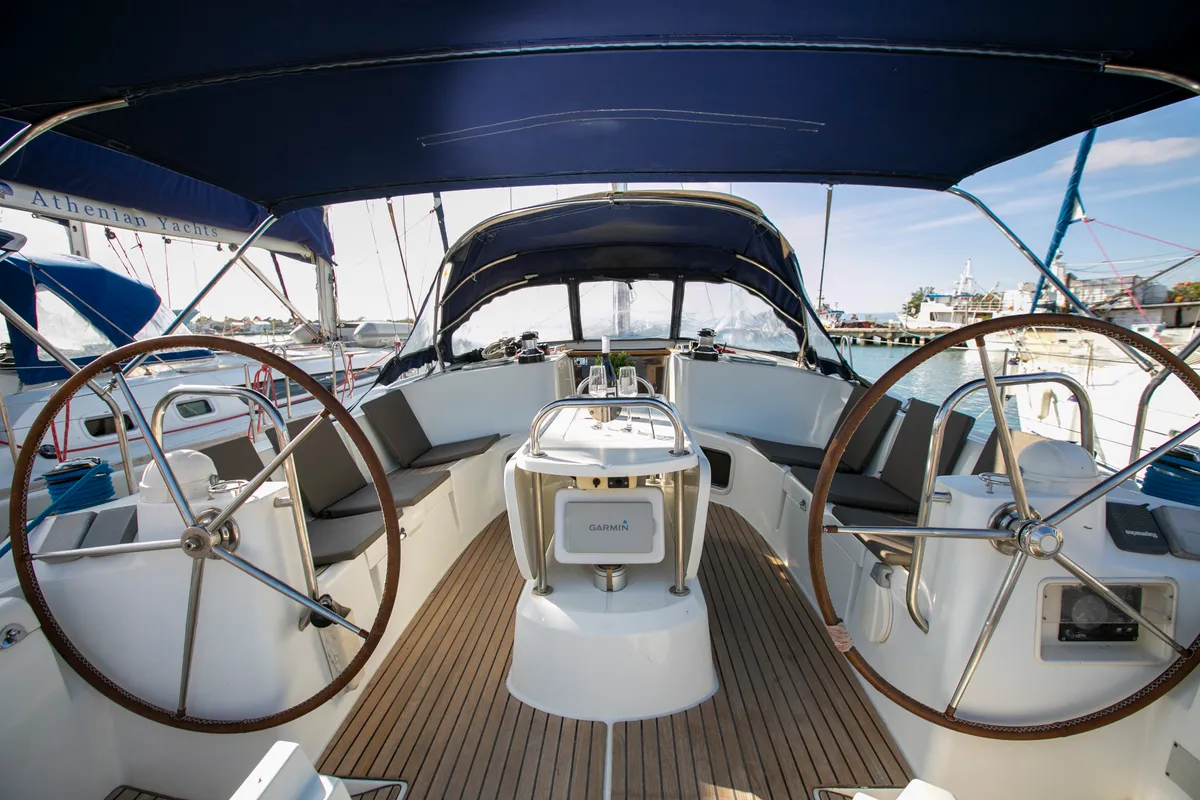 Cockpit of Sirius, a Jeanneau Sun Odyssey 49 sailboat at Keramoti, Greece