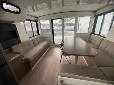 Salon of Arveskida II, a Bali 4.2 catamaran at Figari/Golfo Aranci, Italy