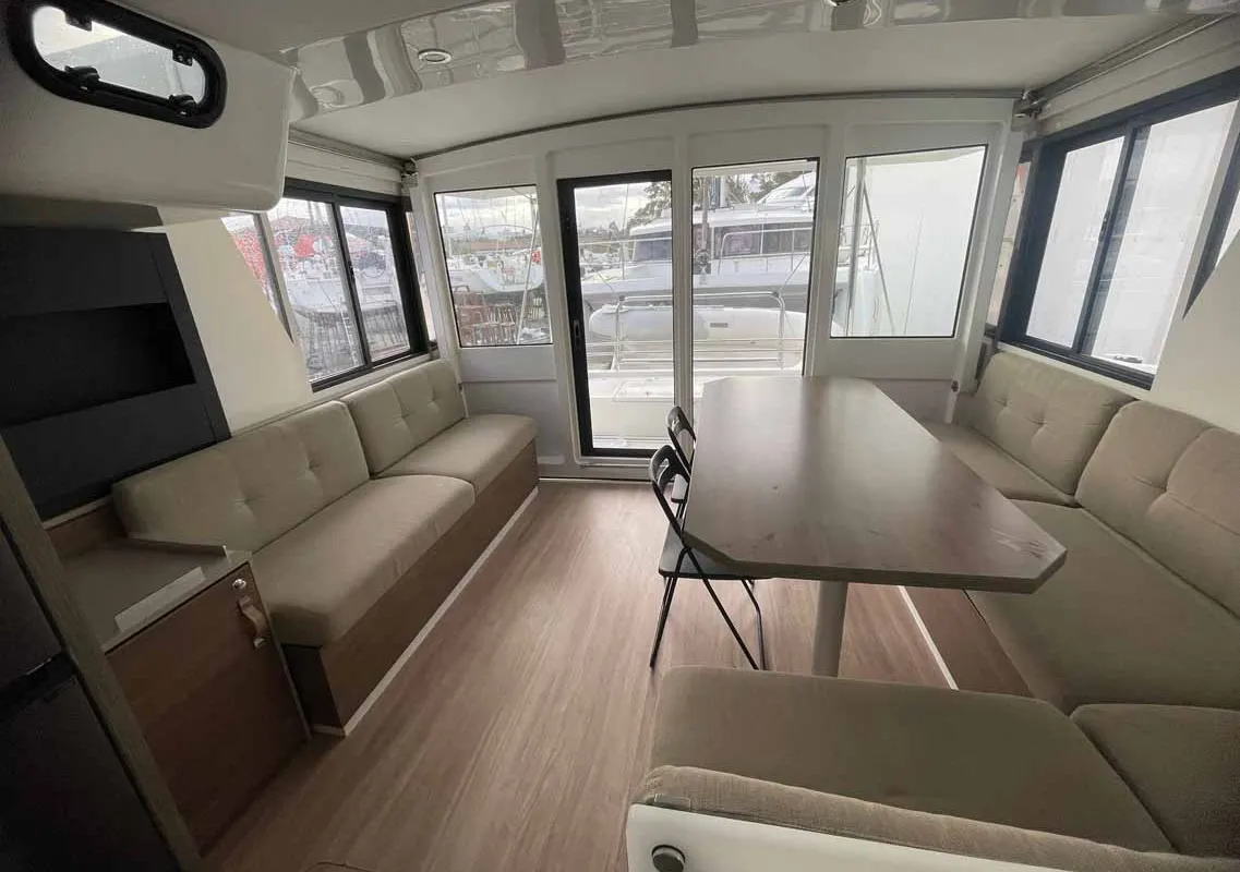 Salon of Arveskida II, a Bali 4.2 catamaran at Figari/Golfo Aranci, Italy