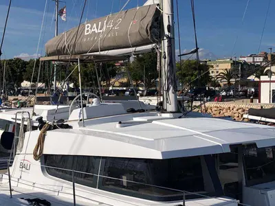 Deck of Arveskida II, a Bali 4.2 catamaran at Figari/Golfo Aranci, Italy
