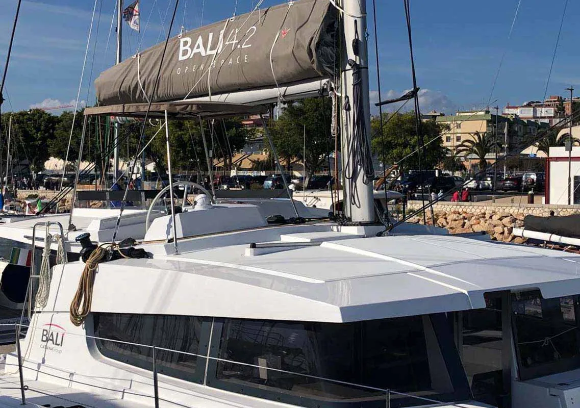 Deck of Arveskida II, a Bali 4.2 catamaran at Figari/Golfo Aranci, Italy