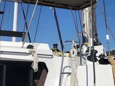 Cockpit of Arveskida II, a Bali 4.2 catamaran at Figari/Golfo Aranci, Italy