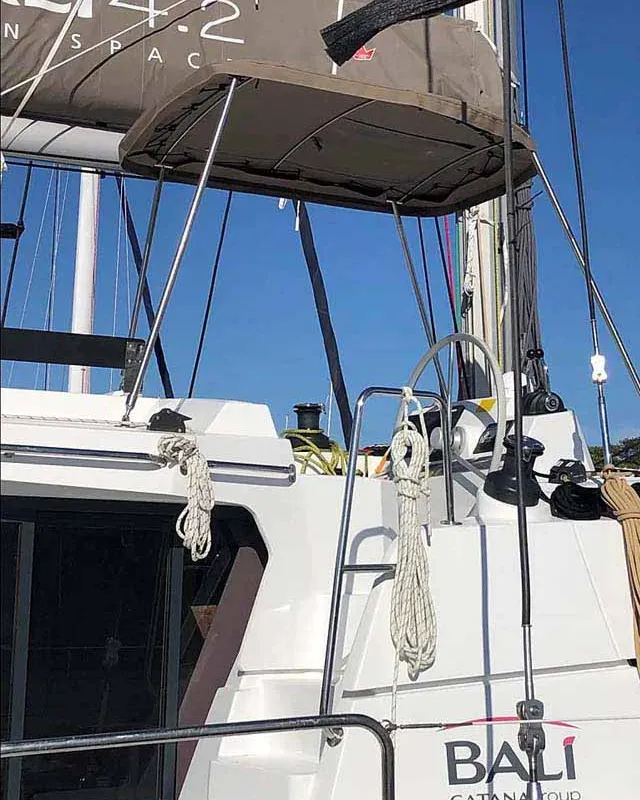 Cockpit of Arveskida II, a Bali 4.2 catamaran at Figari/Golfo Aranci, Italy
