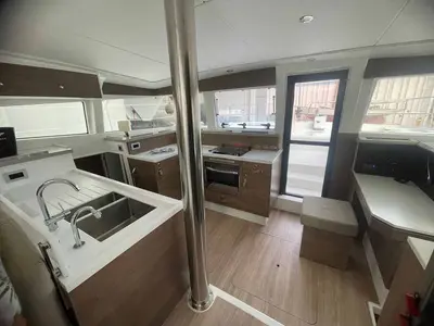 Galley of Arveskida II, a Bali 4.2 catamaran at Figari/Golfo Aranci, Italy